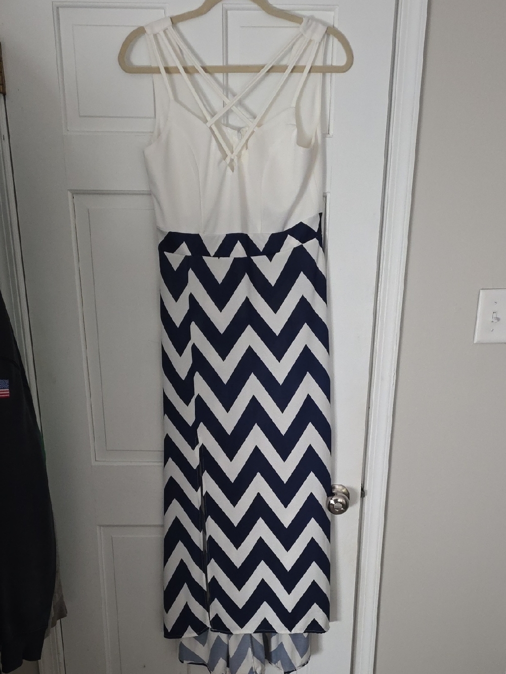 White Strappy Top Maxi Dress with Navy Chevron Skirt